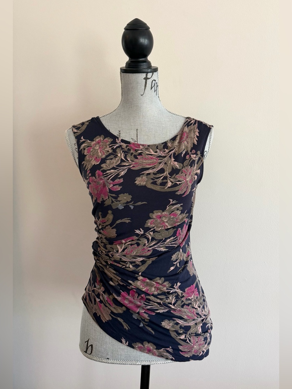 Floral Ruched Sleeveless Top | Navy Pink XS